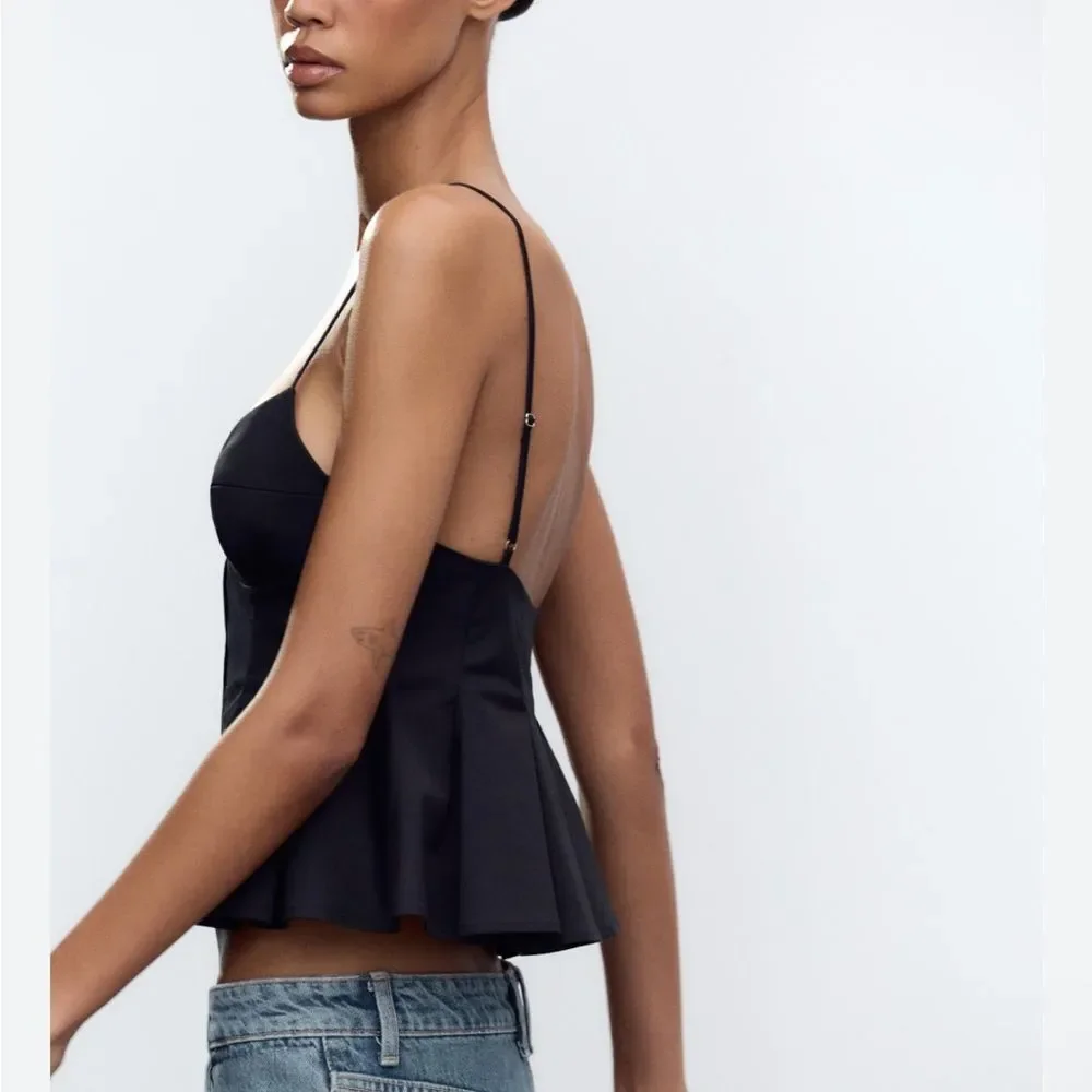 ZARA PLEATED POPLIN Black Spaghetti Strap Top size XS